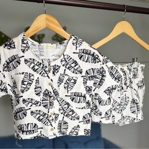 Black and White Leaf Print Top and Shorts Set